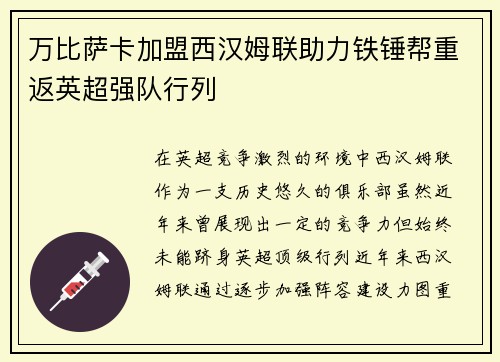 万比萨卡加盟西汉姆联助力铁锤帮重返英超强队行列 万比萨卡加盟西汉姆联助力铁锤帮重返英超强队行列